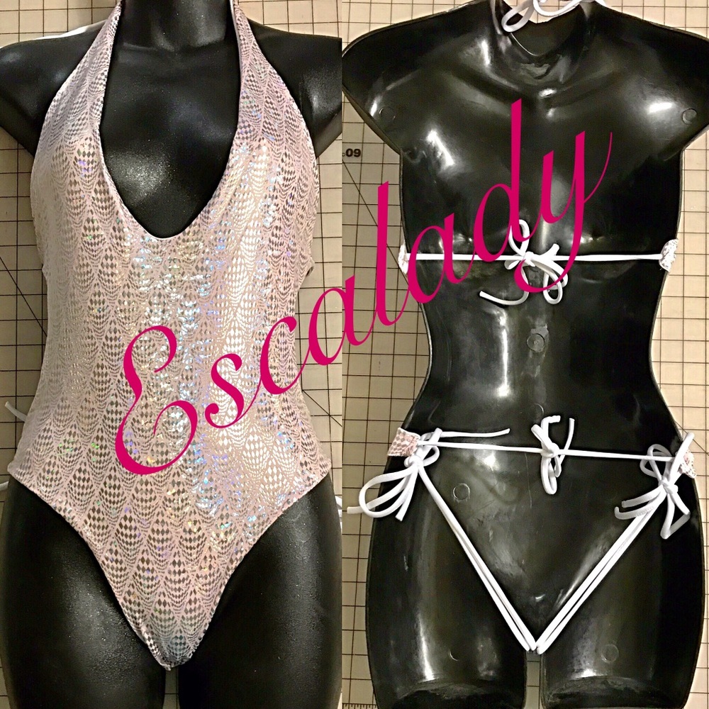 Powder pink holographic Gstring one piece monokini